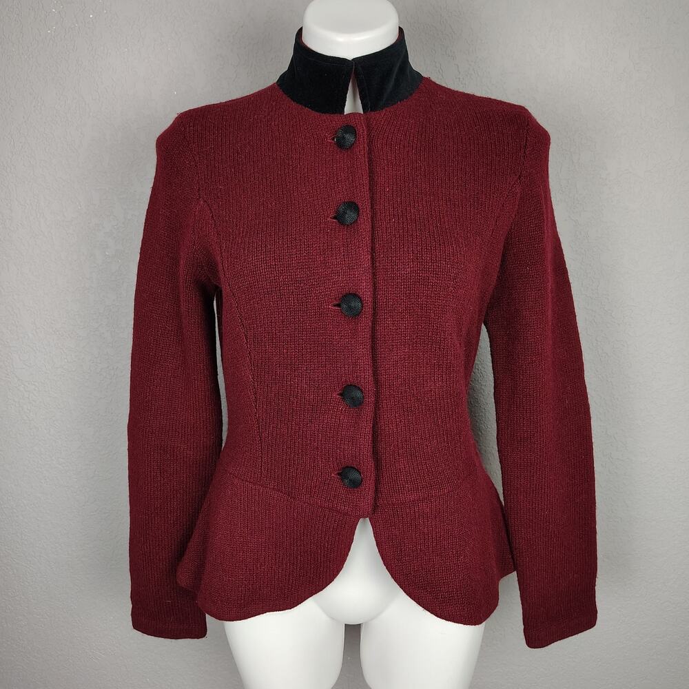 Ralph Lauren Lambs Wool Blend Riding Sweater Jacket Burgundy Velvet Collar - Picture 2 of 14